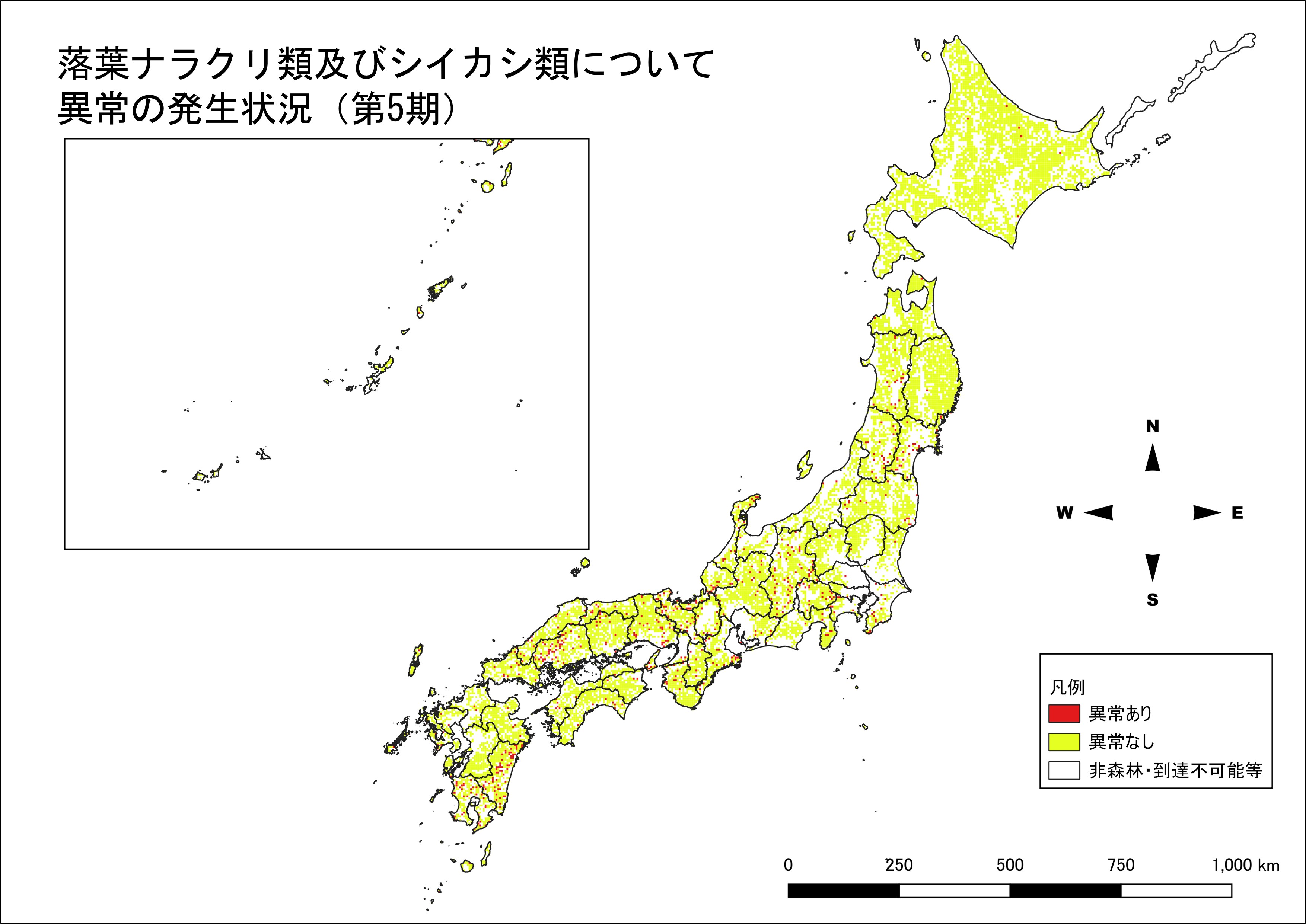 落葉ナラクリ類及びシイカシ類について異常の発生状況(第5期)の図
