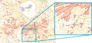 林野庁による航空レーザ計測の公表結果の一例。紫線が亀裂、赤色が崩壊の箇所を示す。
