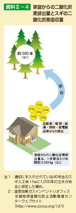 家庭からの二酸化炭素排出量とスギの二酸化炭素吸収量