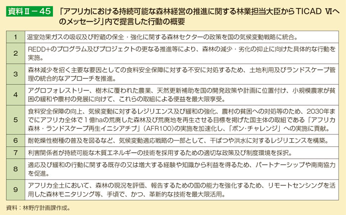 「アフリカにおける持続可能な森林経営の推進に関する林業担当大臣からTICAD Ⅵへのメッセージ」内で提言した行動の概要