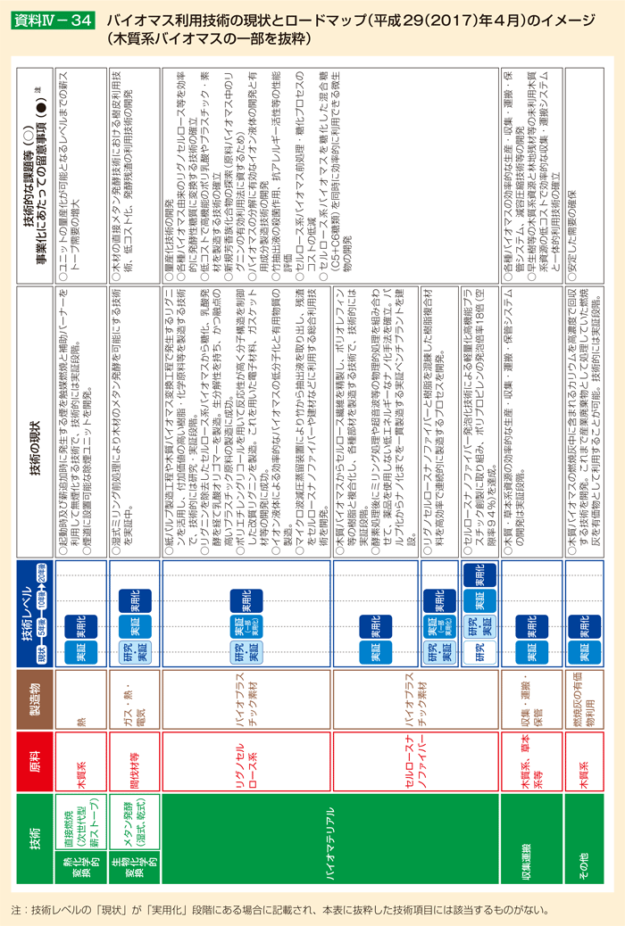 資料IV-34 バイオマス利用技術の現状とロードマップ（平成29（2017）年4月）のイメージ（木質系バイオマスの一部を抜粋）