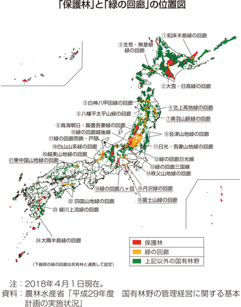 「保護林」と「緑の回廊」の位置図