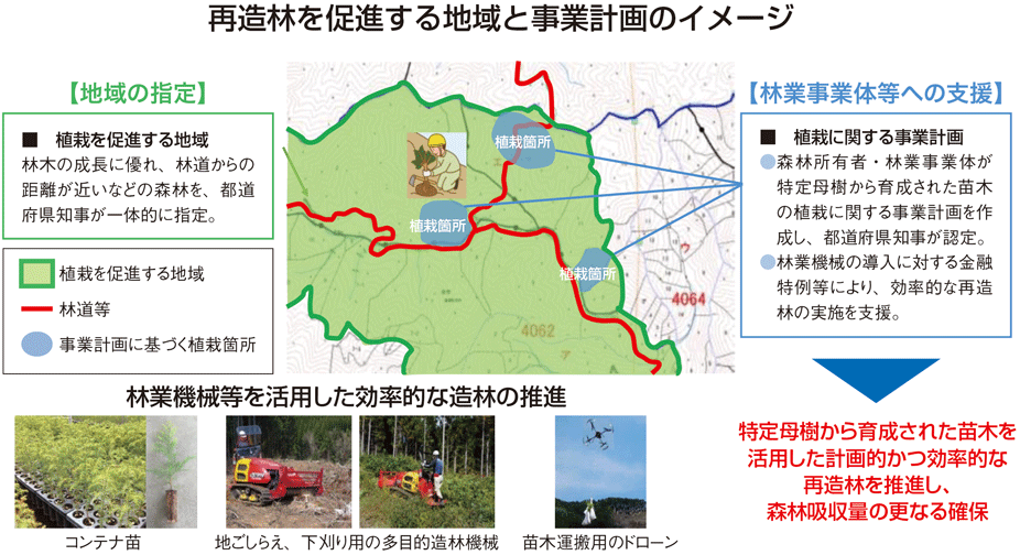 再造林を促進する地域と事業計画のイメージ