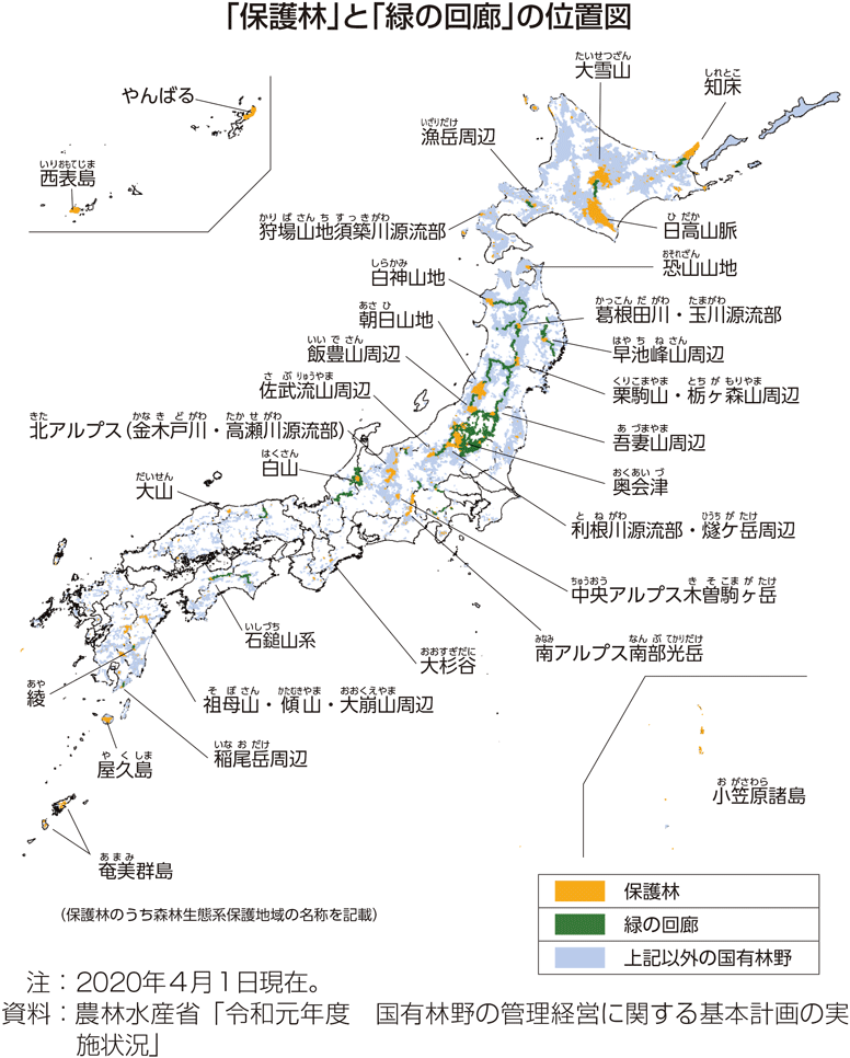 「保護林」と「緑の回廊」の位置図