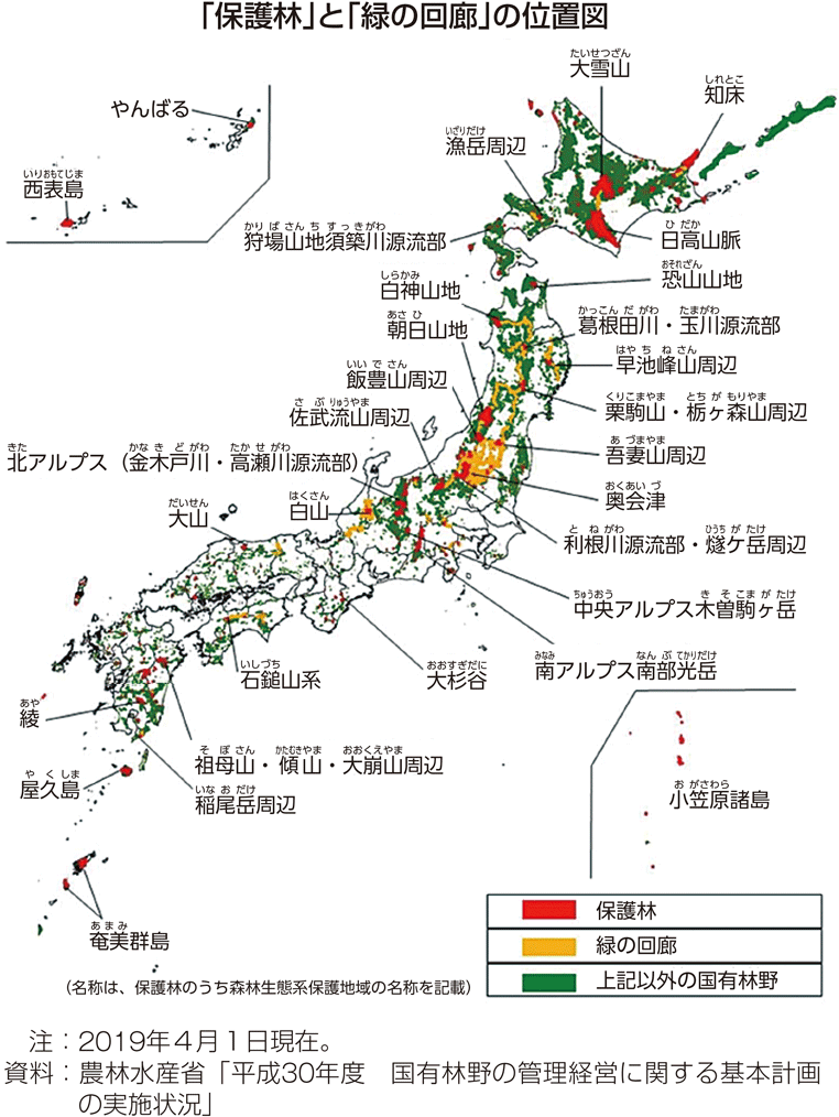 「保護林」と「緑の回廊」の位置図