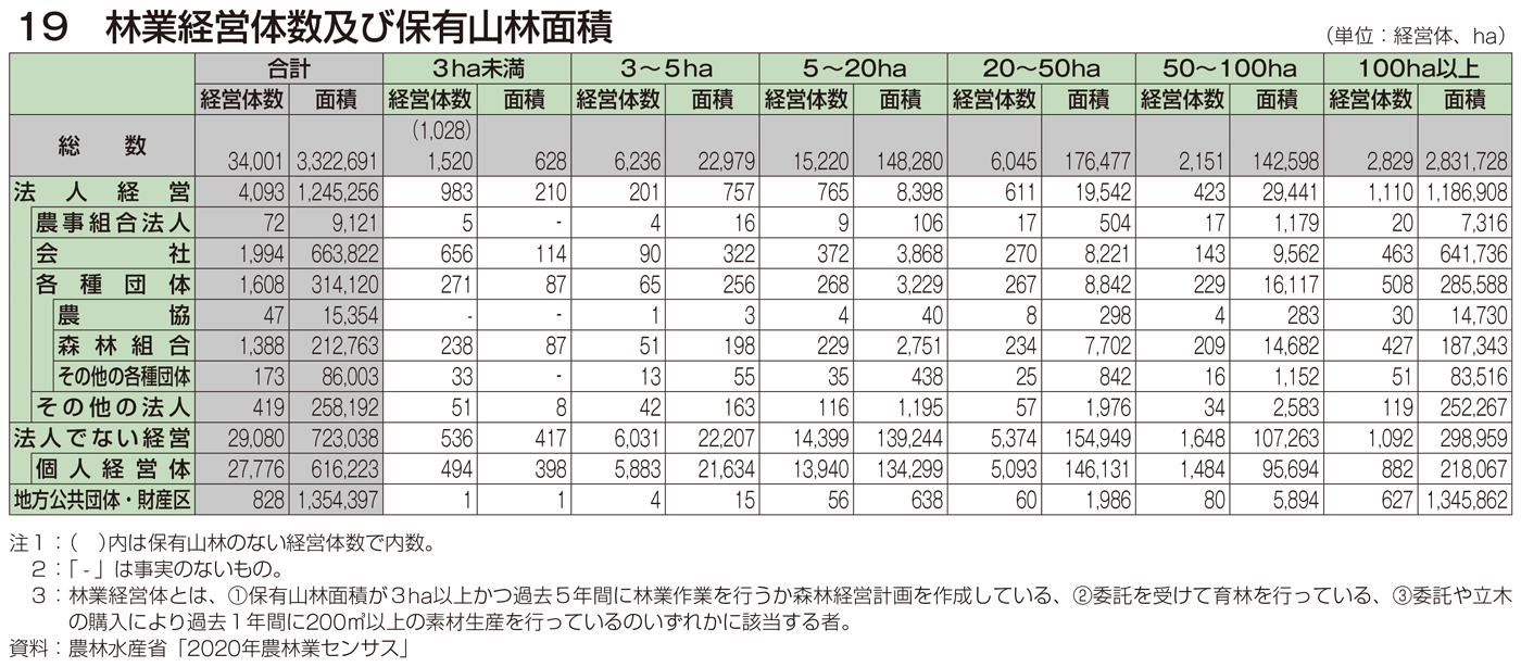 19 林業経営体数及び保有山林面積