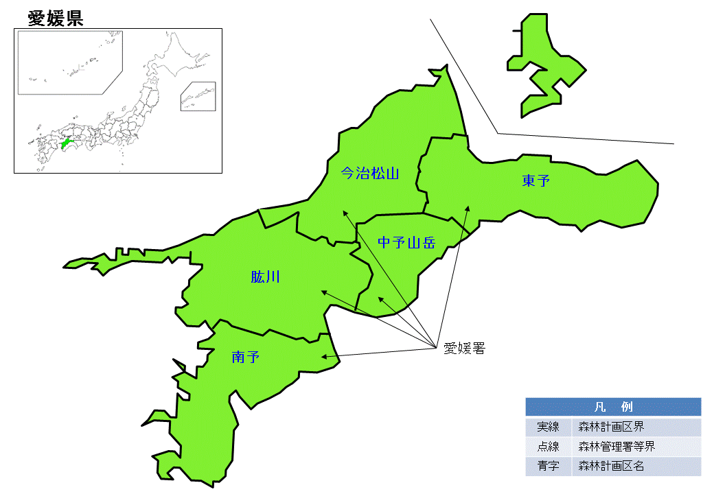 愛媛県内の直轄森林環境保全整備事業の位置図