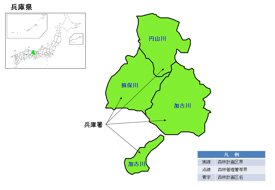 兵庫県内の直轄森林環境保全整備事業の位置図