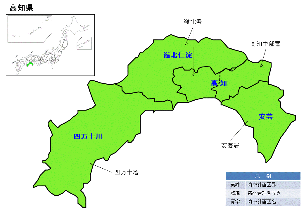 高知県内の直轄森林環境保全整備事業の位置図