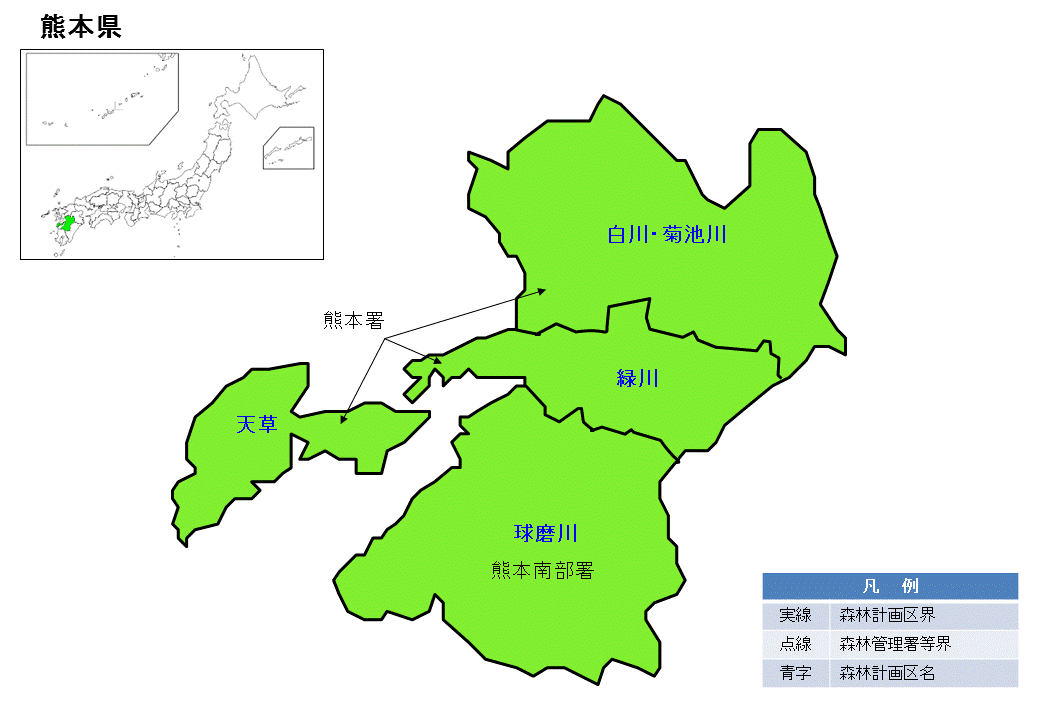 熊本県内の直轄森林環境保全整備事業の位置図
