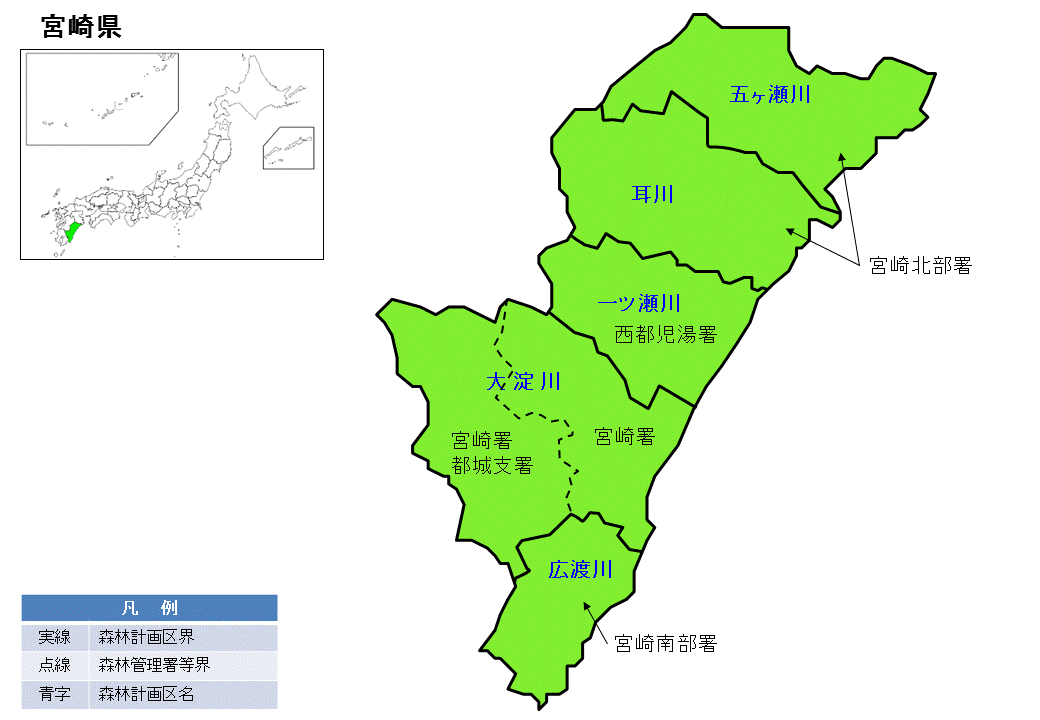 宮崎県内の直轄森林環境保全整備事業の位置図