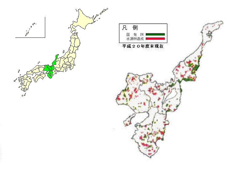 近畿北陸整備局管内の水源林造成事業位置図