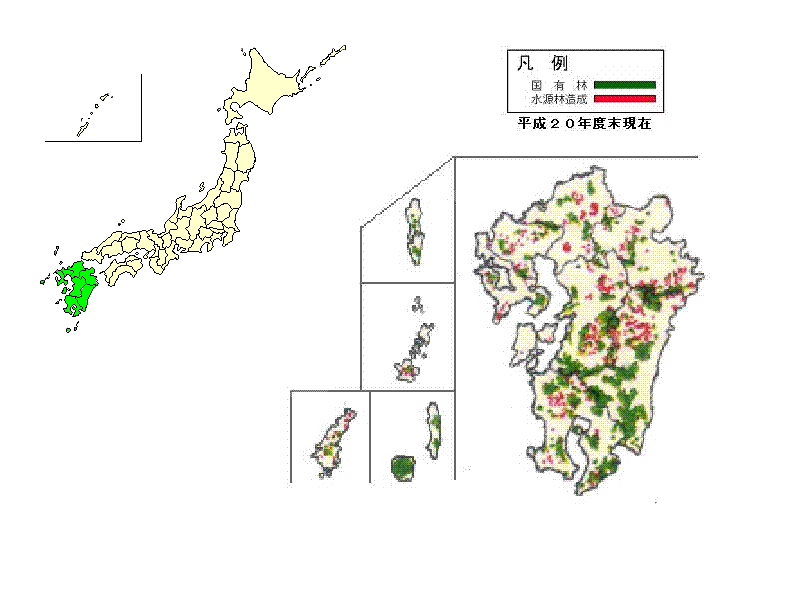 九州整備局管内の水源林造成事業位置図