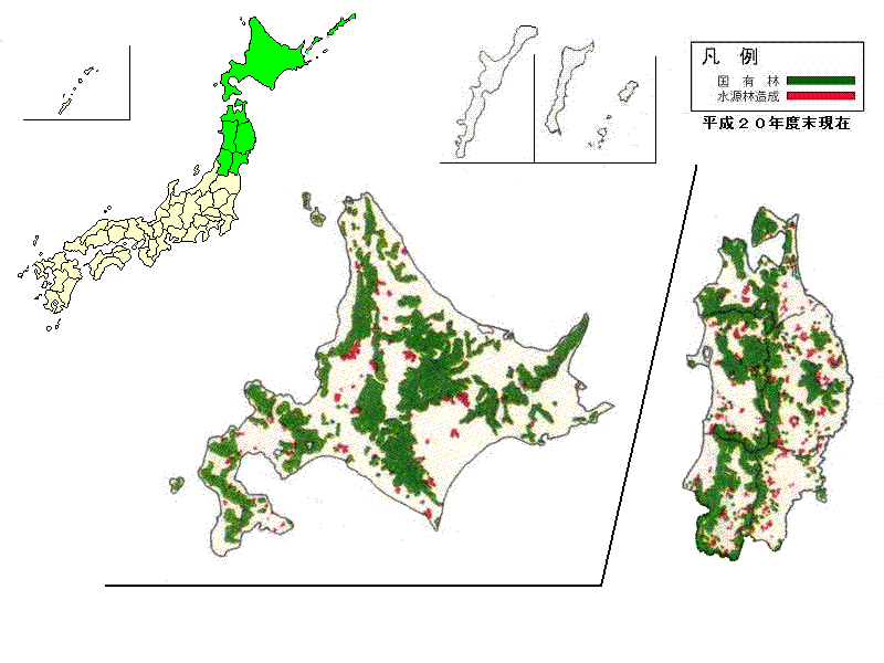 東北北海道整備局管内の水源林造成事業位置図