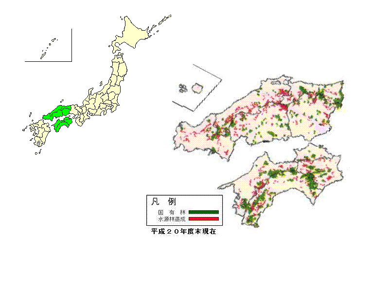 中国四国整備局管内の水源林造成事業位置図