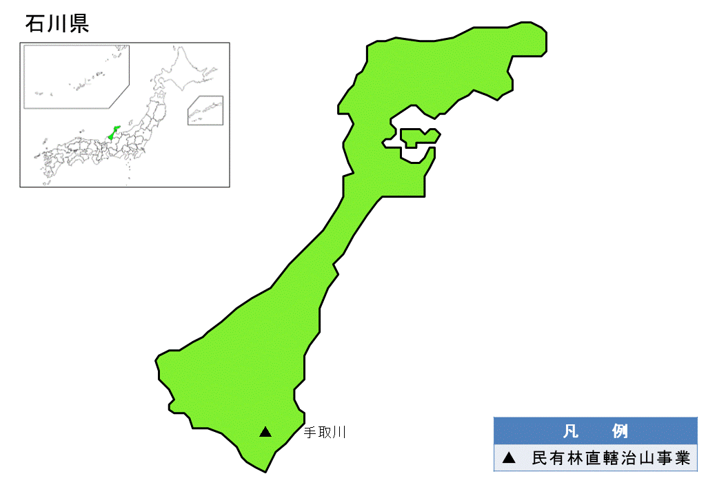 石川県内の民有林直轄治山事業の位置図