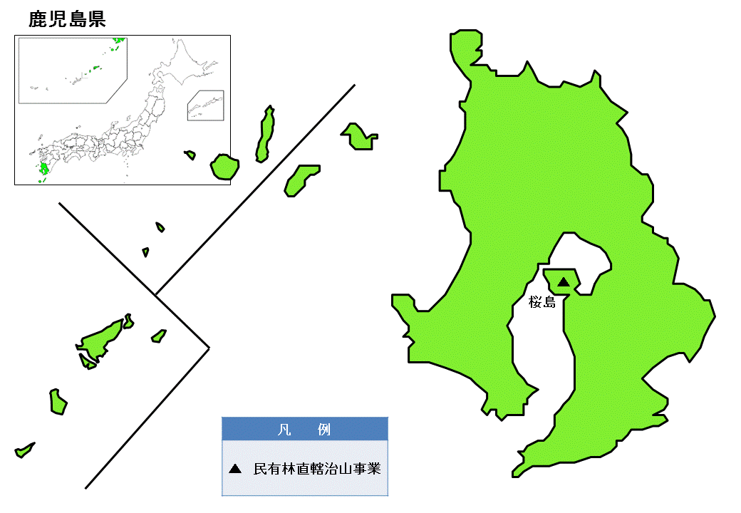 鹿児島県内の民有林直轄治山事業の位置図