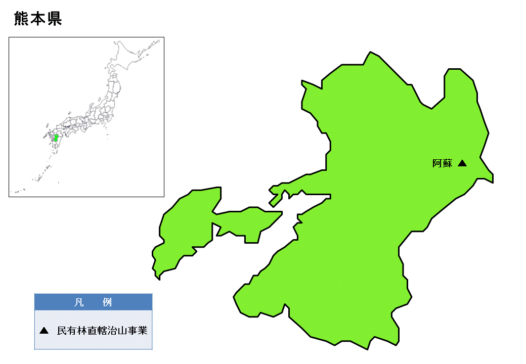 熊本県内の民有林直轄治山事業の位置図