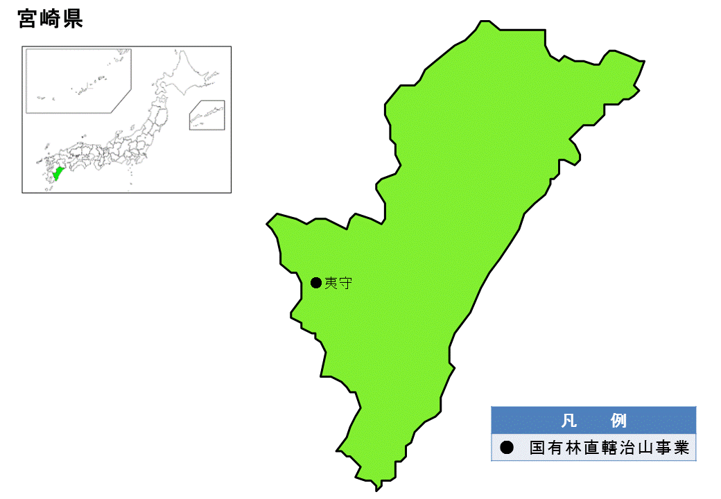 宮崎県内の国有林直轄治山事業の位置図