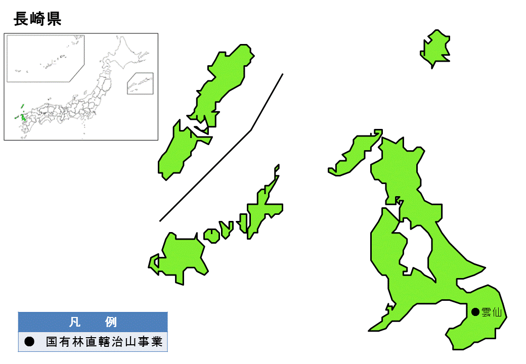 長崎県内の国有林直轄治山事業の位置図