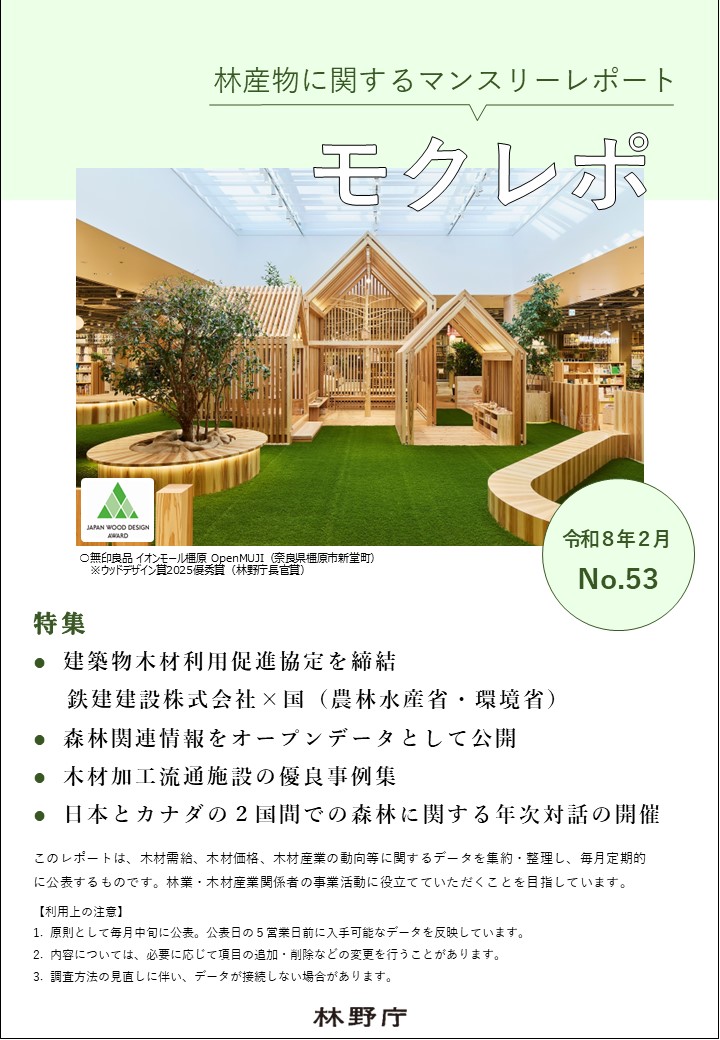 モクレポ2月号の表紙(ウッドデザイン賞2025優秀賞(林野庁長官賞)無印良品 イオンモール橿原 OpenMUJI)