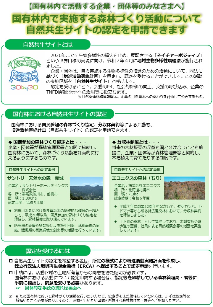 案内チラシ「国有林内で実施する森林づくり活動について自然共生サイトの認定を申請できます」1ページ