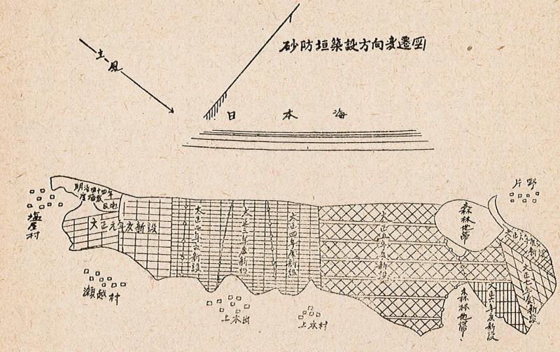 植生と防風垣柵設平面図（事業実施当時の図面）