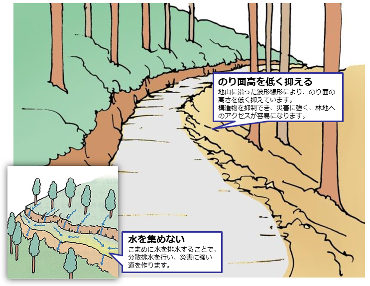 丈夫で簡易な道づくりのイメージ。のり面高を低く抑え、こまめに分散排水を行うなどの特徴があります。