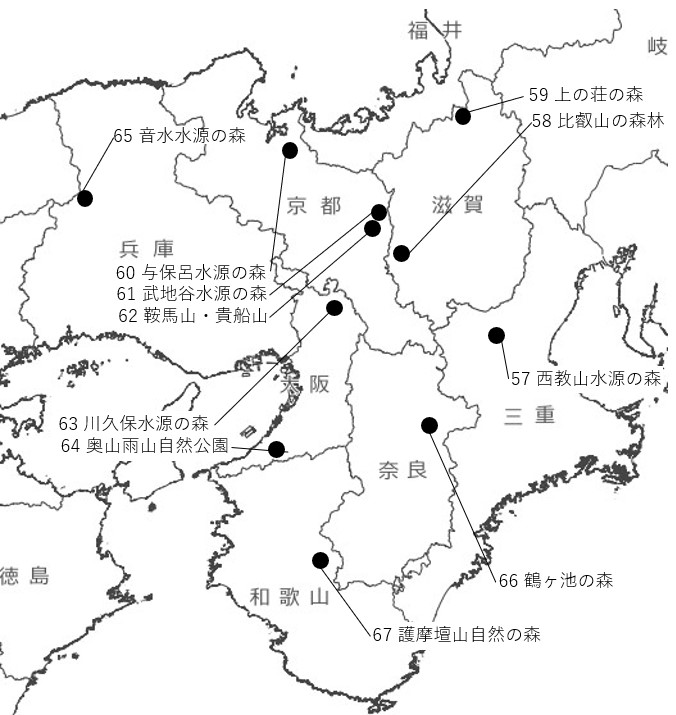 近畿地方の水源の森百選位置図