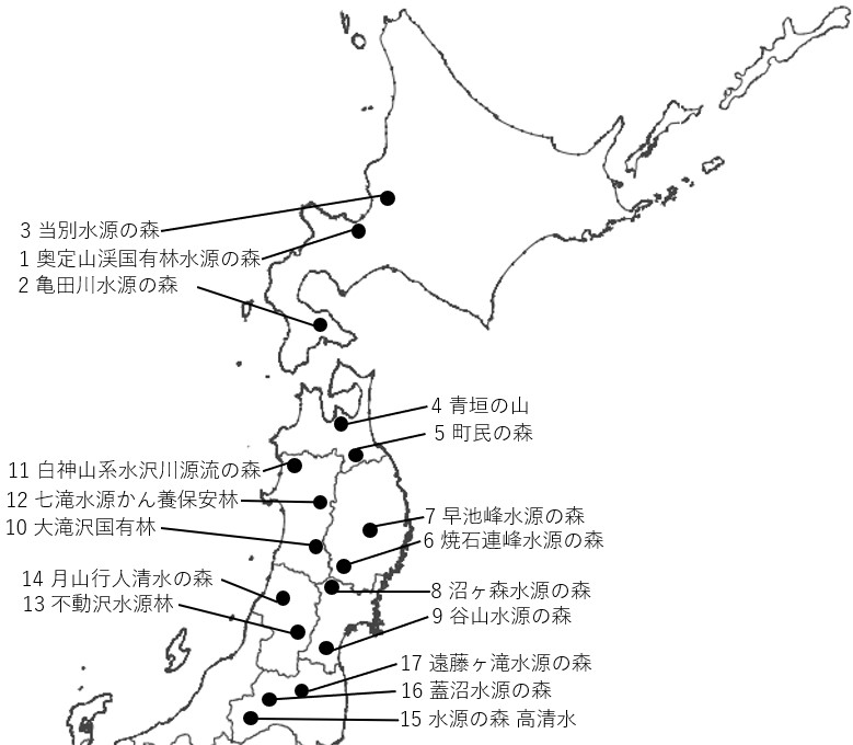 北海道・東北地方の水源の森百選位置図