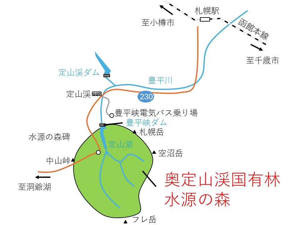 奥定山渓国有林水源の森の地図
