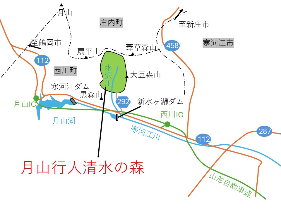 月山行人清水の森までの地図