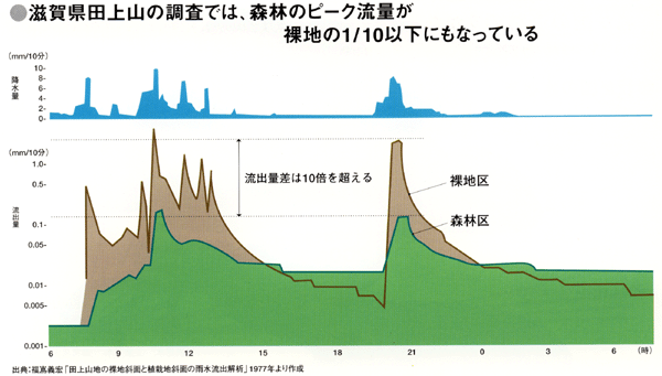 滋賀県田上山の調査では、森林のピーク流量が裸地の10分の1以下にもなっている