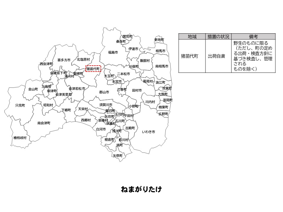 ねまがりたけの出荷制限等の状況を示した福島県の地図