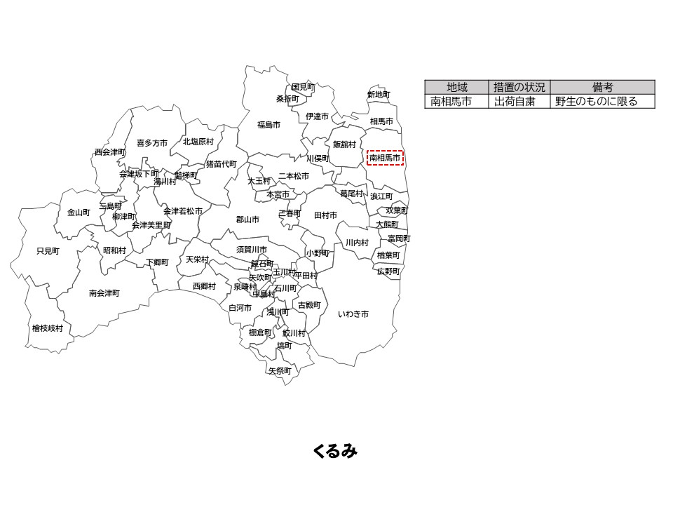 くるみの出荷制限等の状況を示した福島県の地図