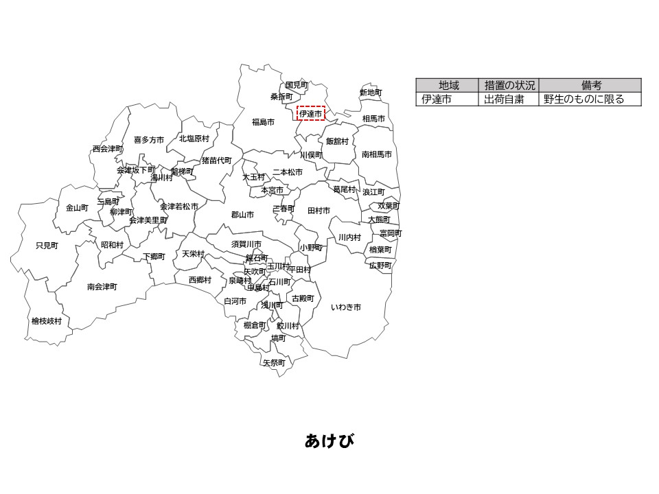 あけびの出荷制限等の状況を示した福島県の地図