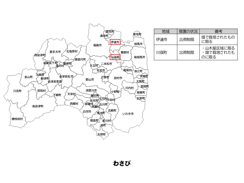 わさびの出荷制限等の状況を示した福島県の地図