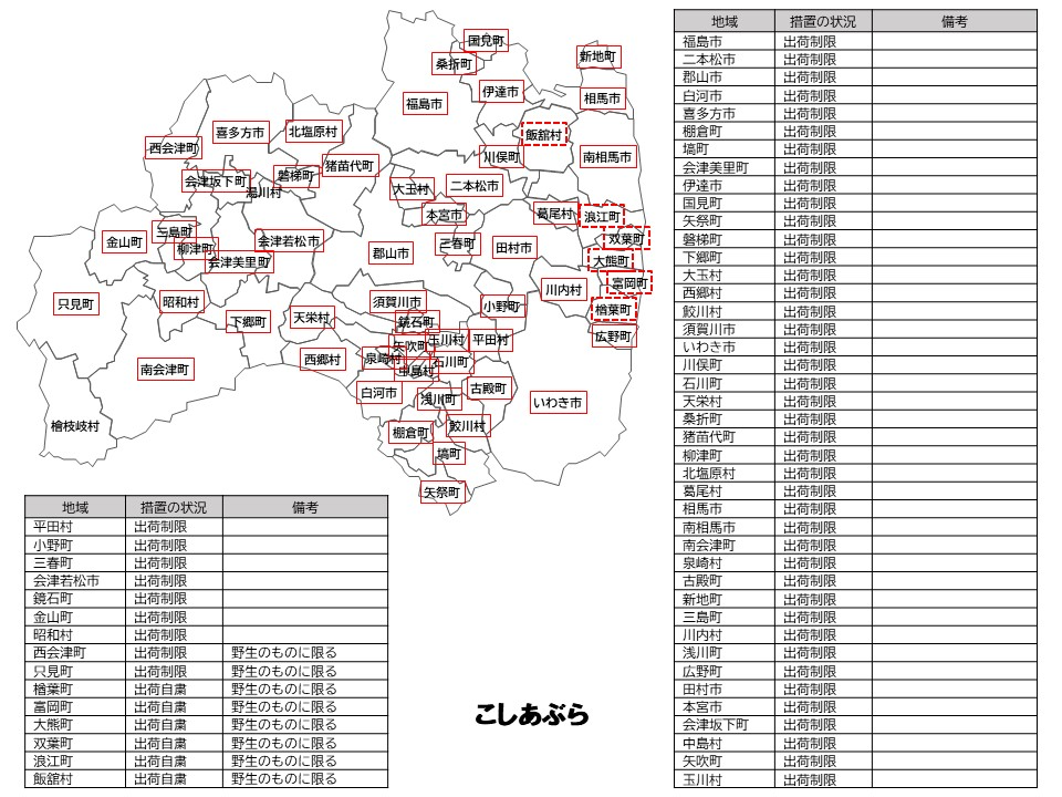 こしあぶらの出荷制限等の状況を示した福島県の地図