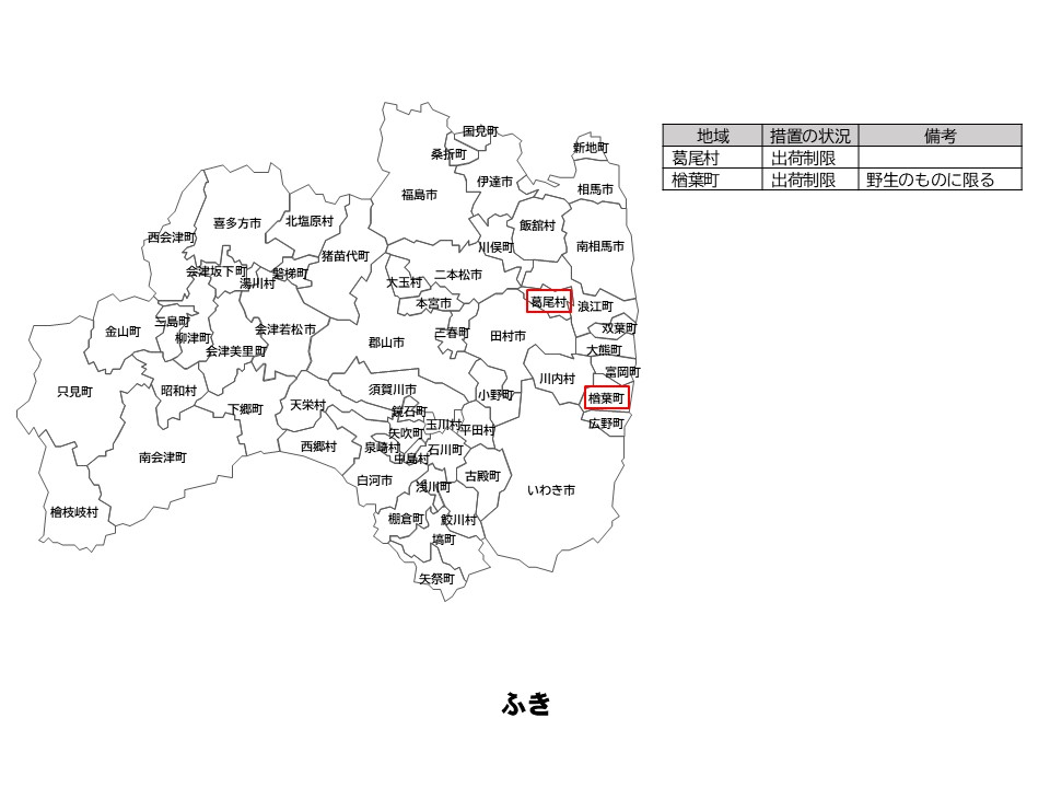 ふきの出荷制限等の状況を示した福島県の地図