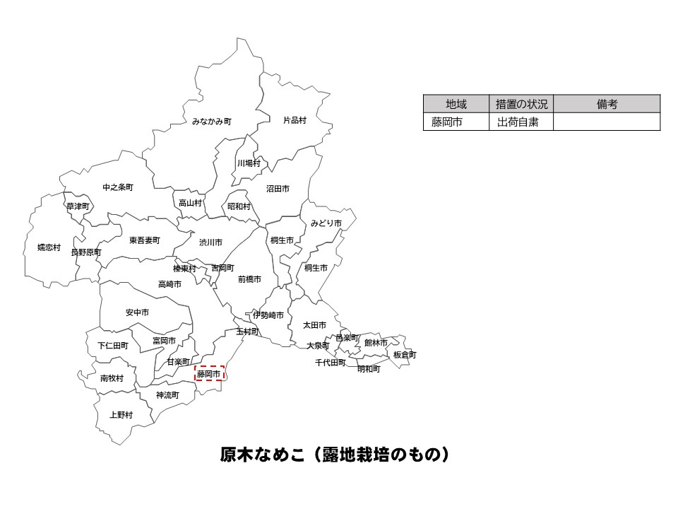 露地栽培原木なめこの出荷制限等の状況を示した群馬県の地図