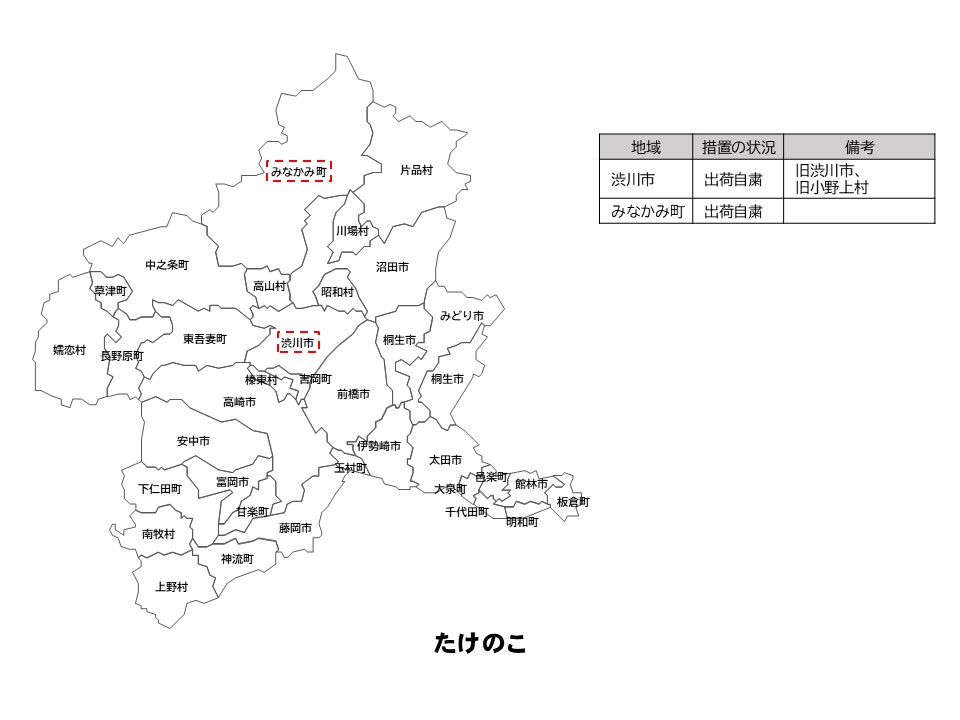 たけのこの出荷制限等の状況を示した群馬県の地図