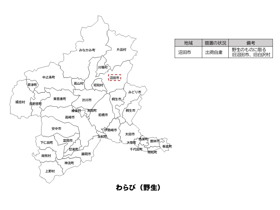 わらびの出荷制限等の状況を示した群馬県の地図