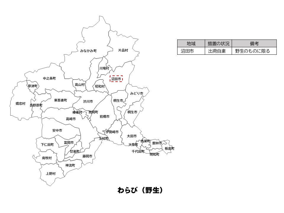 わらびの出荷制限等の状況を示した群馬県の地図