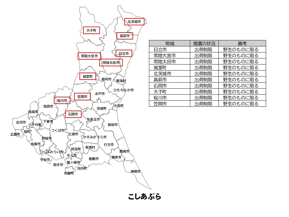 こしあぶらの出荷制限等の状況を示した茨城県の地図