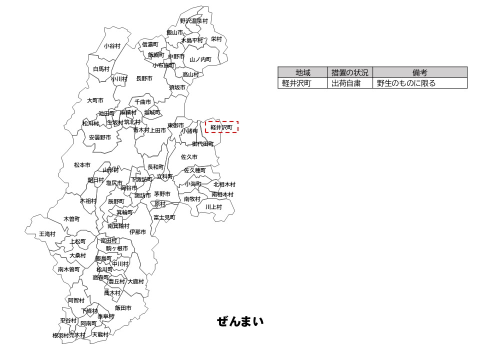 ぜんまいの出荷制限等の状況を示した長野県の地図