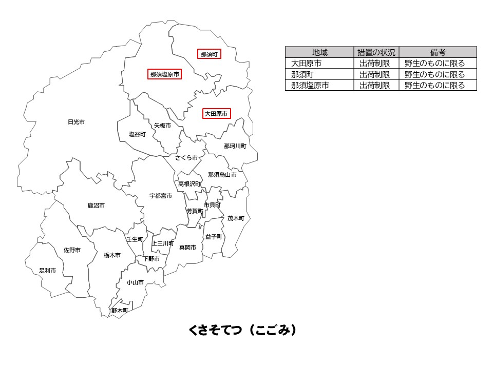 くさそてつの出荷制限等の状況を示した栃木県の地図