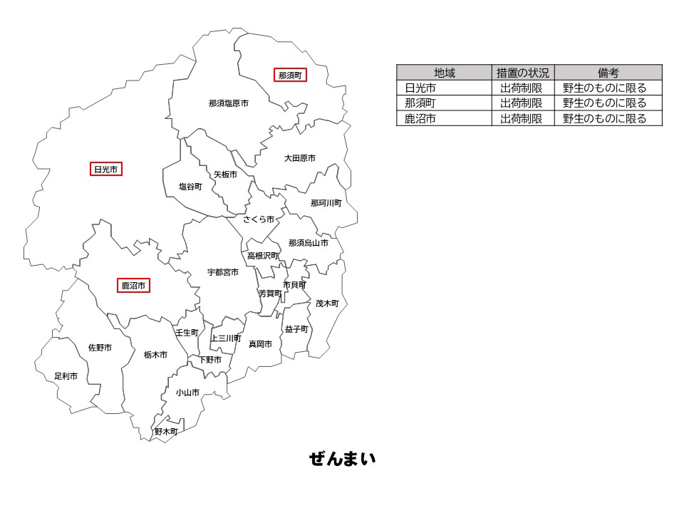 ぜんまいの出荷制限等の状況を示した栃木県の地図