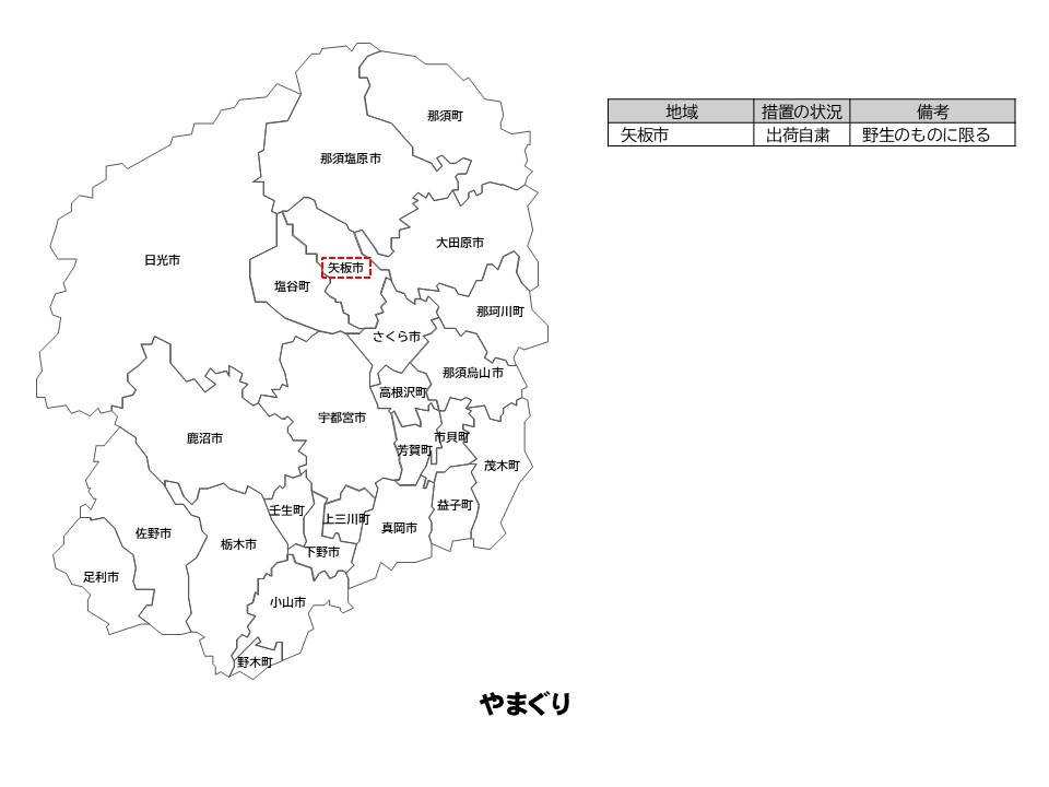 やまぐりの出荷制限等の状況を示した栃木県の地図