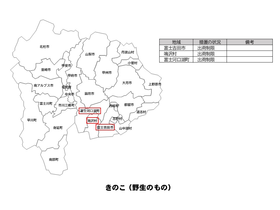 野生のきのこの出荷制限等の状況を示した山梨県の地図