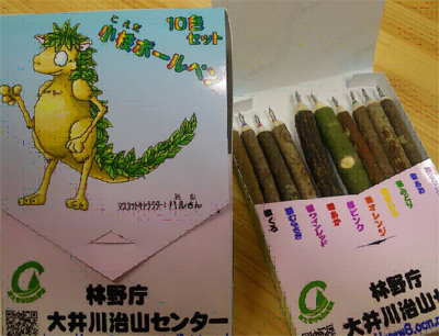 クイズの賞品は大井川治山センター手作り小枝ボールペン10色セット